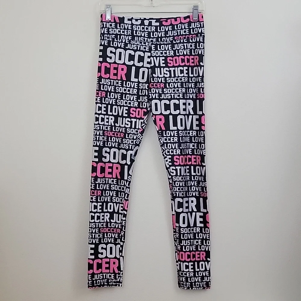 Justice Black, Pink & Silver Soccer Print Leggings Girls Youth 18